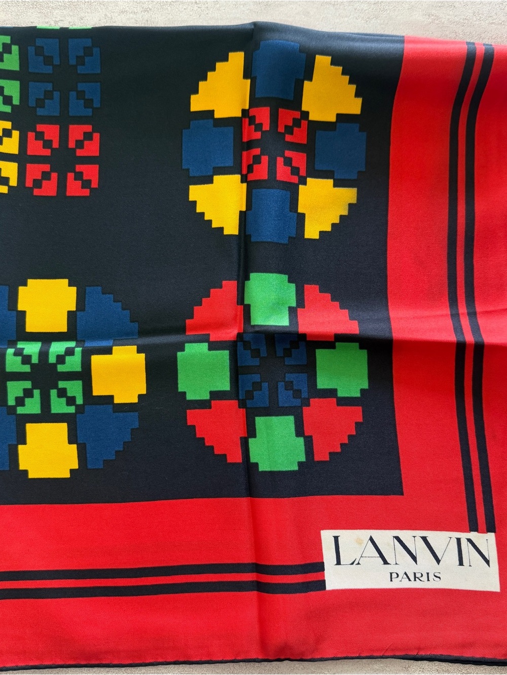 Lanvin Multicolor Geometric Silk Scarf with Red Border